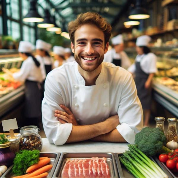A close-up of a chef in a food hall, showcasing their fresh produce and a welcoming smile.