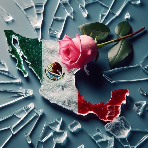 Shattered glass representing the barriers women face in Mexican politics, with a pink rose symbolizing hope for change.