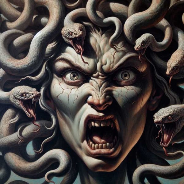 A close-up painting of Medusa, her face contorted in rage, with snakes for hair and a piercing gaze.