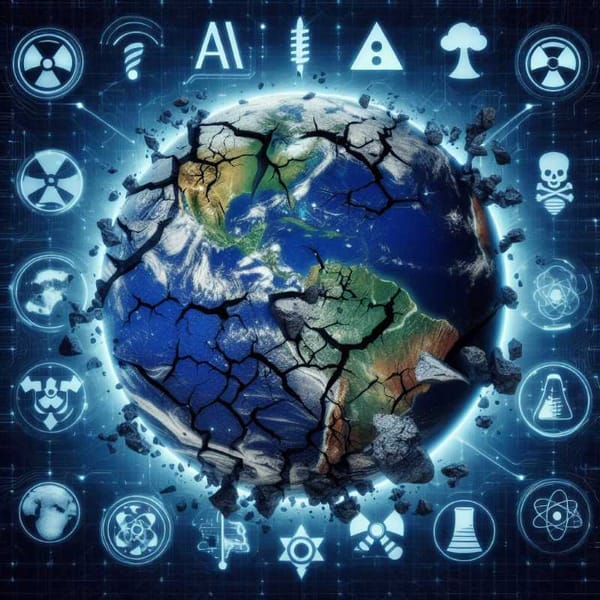 A fractured globe representing catastrophic risks, with icons symbolizing technological threats and natural disasters.