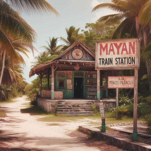 A deserted Mayan Train station in Playa del Carmen, Mexico, with a faded sign and overgrown vegetation.