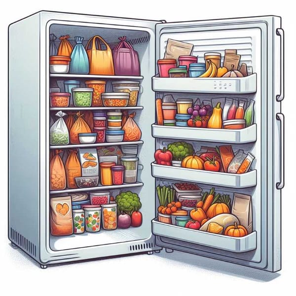  A well-organized freezer with labeled containers and bags of frozen vegetables, fruit, and prepared meals.
