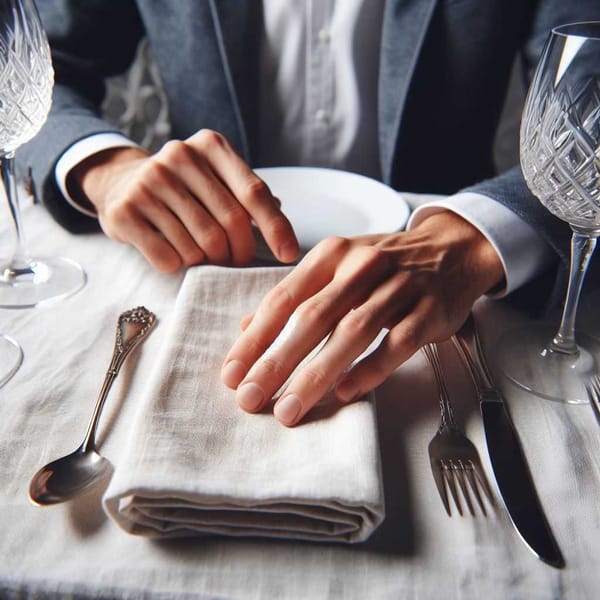 A hand reaches for a starched white linen napkin set at a formal dining table.