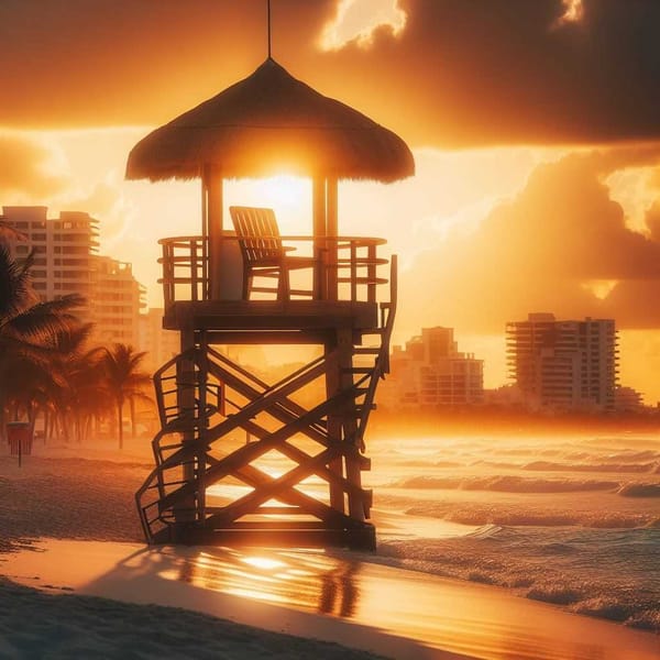 A lifeguard tower on a Cancun beach under a sunset, symbolizing safety measures.
