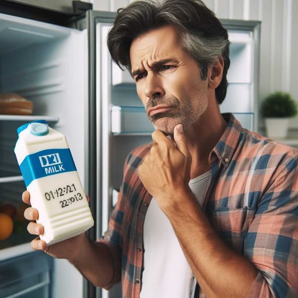 A person holding a carton of milk with an expired date, looking confused about whether it's still safe.