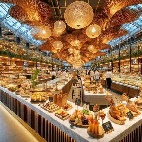 A photo of a gourmet food hall showcasing diverse food stalls with colorful signage and tempting displays of food.