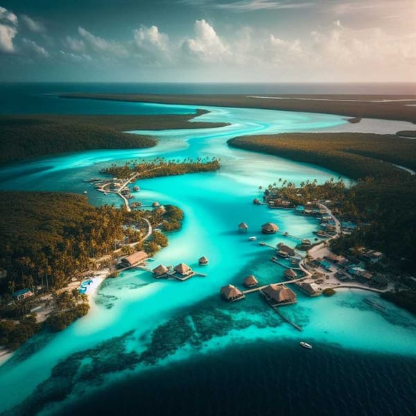 Photo of Bacalar Lagoon in Mexico, showcasing its turquoise and deep blue waters.