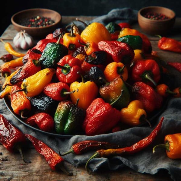 Roasted red, yellow, and orange bell peppers with blackened skins, showcasing their caramelized sweetness.