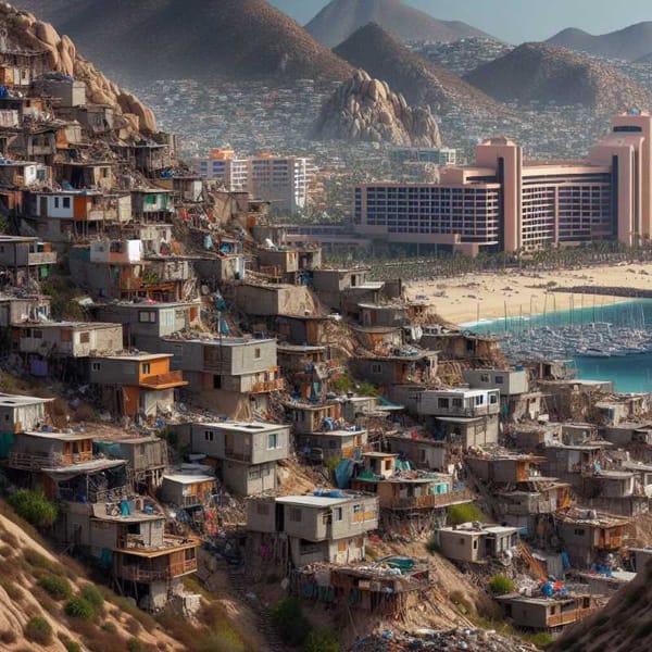 A makeshift neighborhood in Los Cabos, highlighting the housing crisis for migrants and lower-income residents.