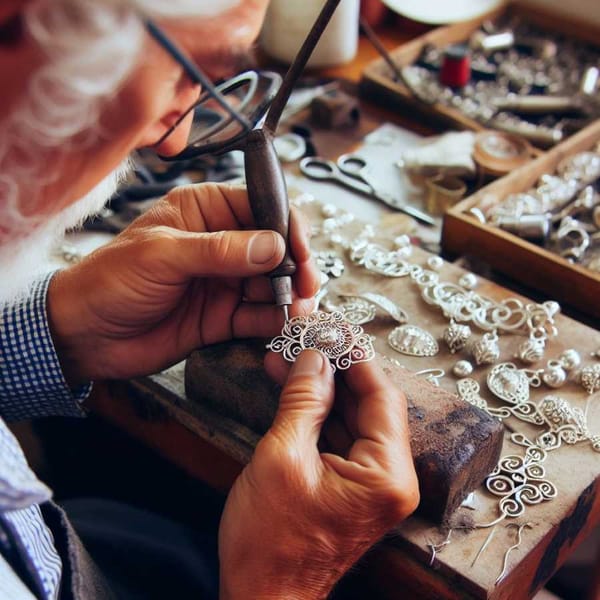 Close-up of a silversmith's hands in Taxco, Mexico, working on an intricate silver earring with traditional tools.