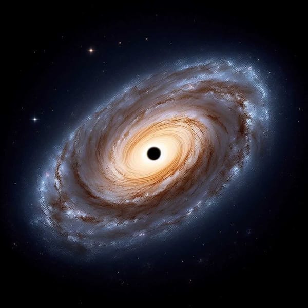Illustration of a spiral galaxy with a bright center. A small black circle represents the undersized black hole.