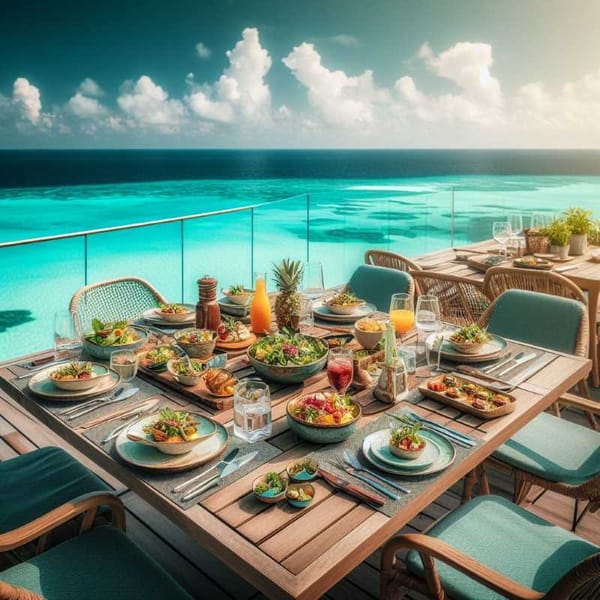 A table on a rooftop patio overlooking the turquoise ocean, set with plates of colorful food and glasses.