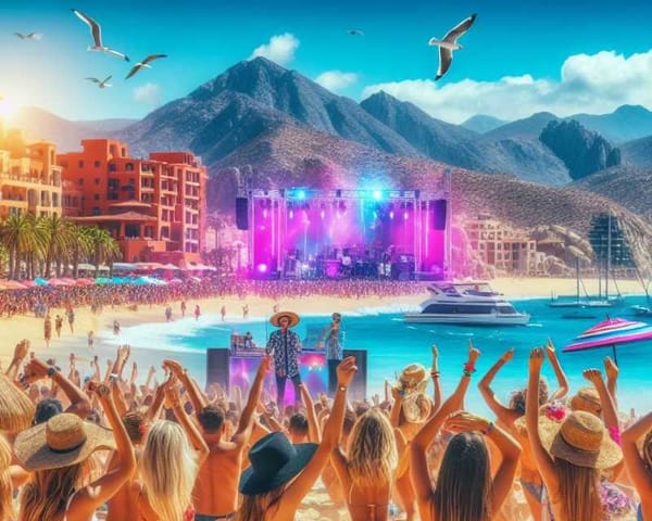 A vibrant scene of Spring Breakers on a Los Cabos beach, with music, drinks, and colorful beachwear.