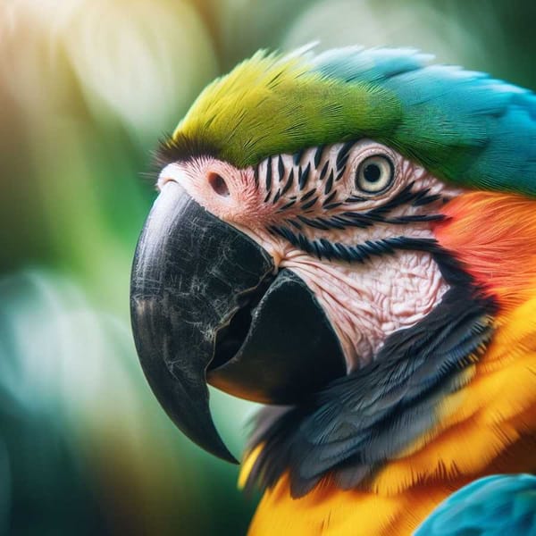 A close-up photo of a brightly colored macaw, highlighting its intricate feathers and sharp gaze.
