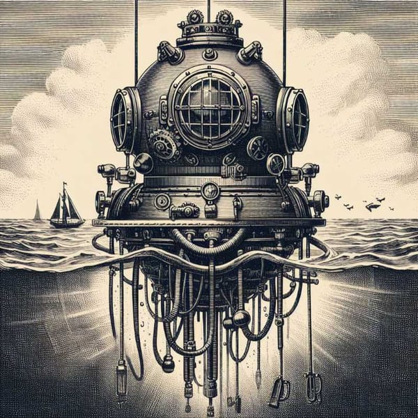  A vintage illustration of a diving bell with hoses and gears, resembling a steampunk contraption.