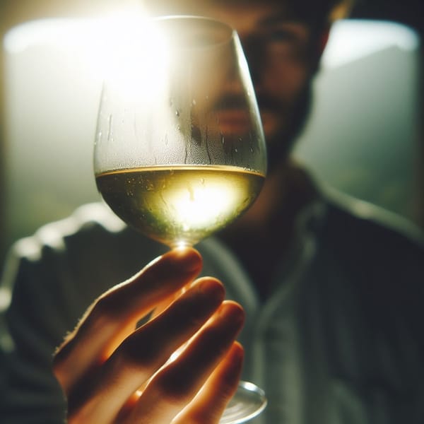 A glass of white wine, showcasing its delicate color and hinting at potential apple or citrus flavors.