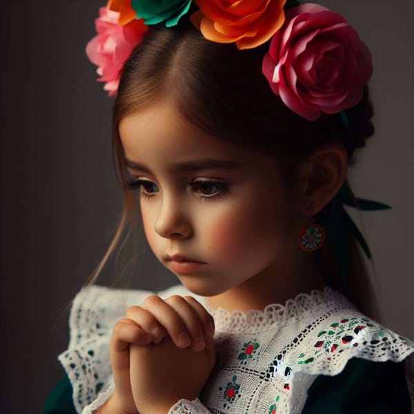 A young Mexican girl in a traditional dress, her sorrowful face reflecting the reality of child marriage.
