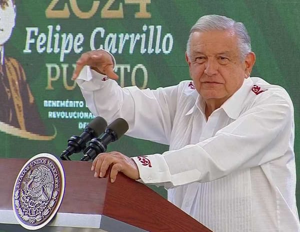 President López Obrador speaks at a podium during the Morning Conference.