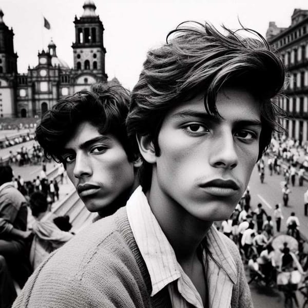 Black and white photo of young men in 1980s Mexico City, highlighting the social environment.