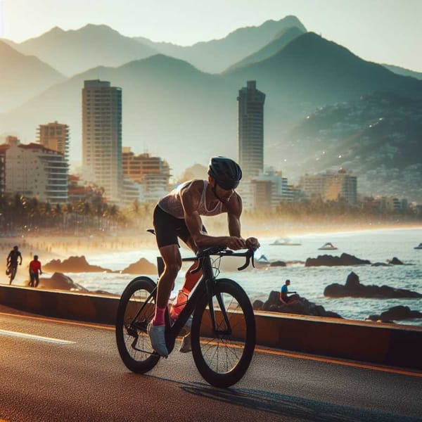 Ciclista pedaleando en una pintoresca carretera costera, con vistas al océano, durante la carrera de bicicletas.