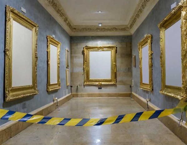Yellow police tape marking a crime scene in a museum, empty frames hint at a missing art collection.