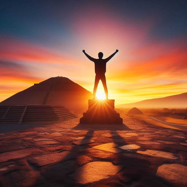 Silhouette of a person standing triumphantly on the Pyramid of the Sun in Teotihuacan, Mexico.