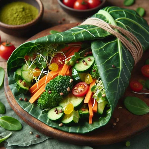 A green collard leaf wrap filled with bright vegetables and sprouts, highlighting its texture and freshness.