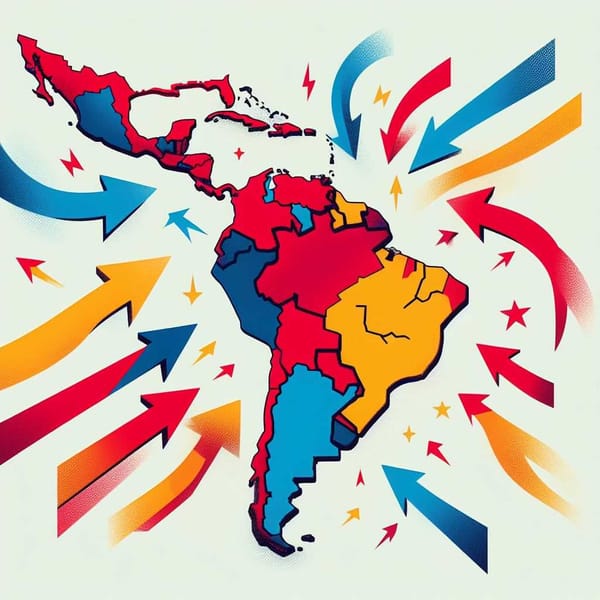 Illustration of a map of Latin America with arrows, symbolizing the region's political shift towards leftist ideologies.