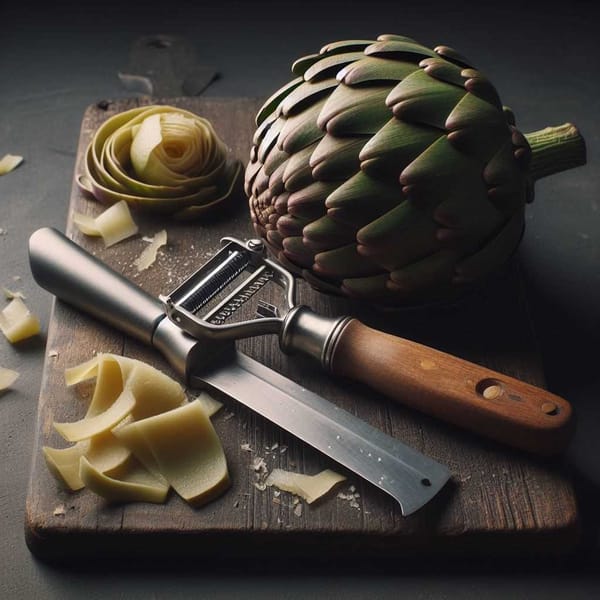 A photo comparing a paring knife and a vegetable peeler next to a prepared artichoke, ready for cooking.