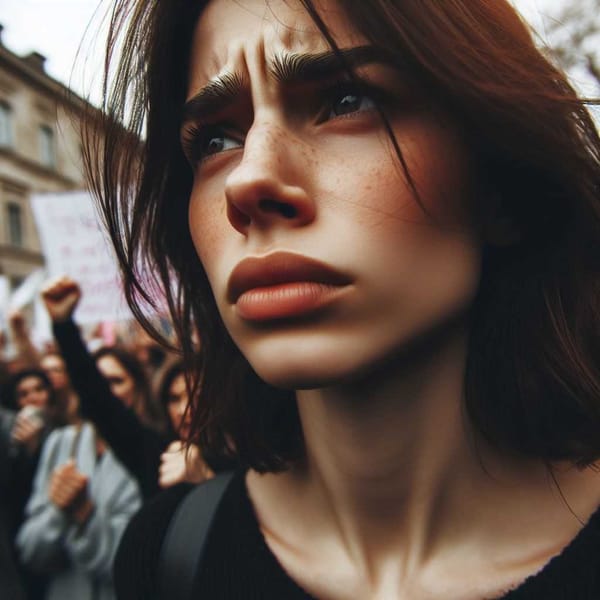  Close-up photo of a woman's face with a complex expression hinting at hidden trauma.