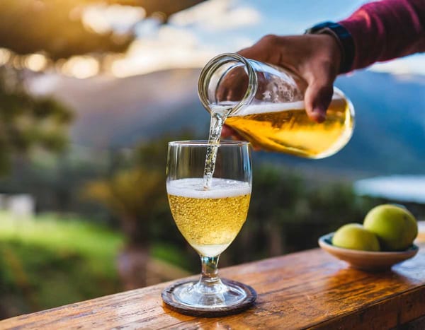 A clear, golden cider with gentle bubbles being poured into a stemmed glass.