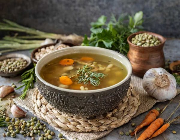 A bowl of homemade broth made with dried legumes, root vegetables, and herbs.