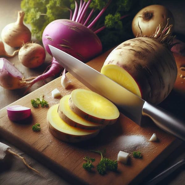 A close-up of a rutabaga being sliced with a sharp knife, highlighting its fibrous texture.