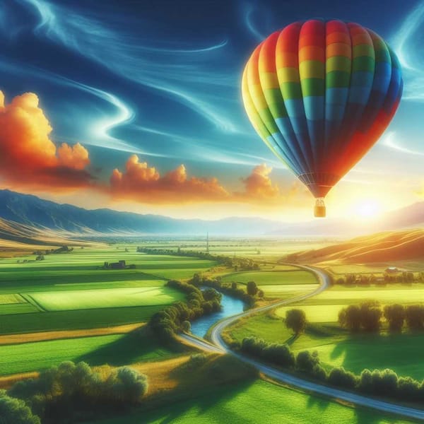 A colorful hot air balloon floats over a green landscape, symbolizing the early days of space exploration.
