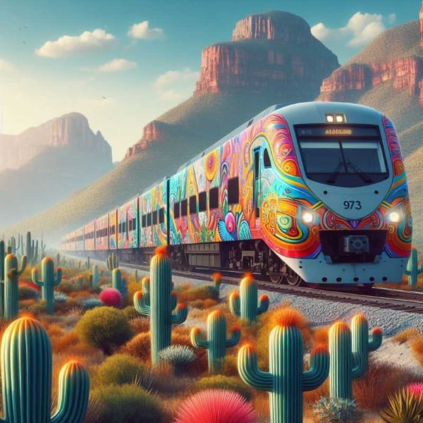 A colorful modern passenger train traveling through a scenic Mexican landscape.