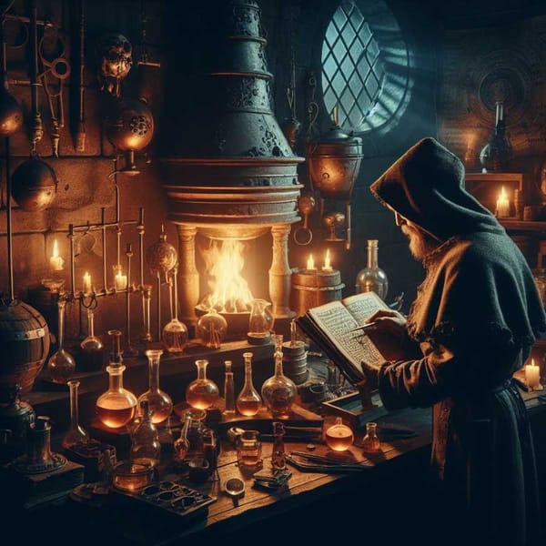 Illustration of an alchemist's laboratory, with flasks, a furnace, and ancient texts.