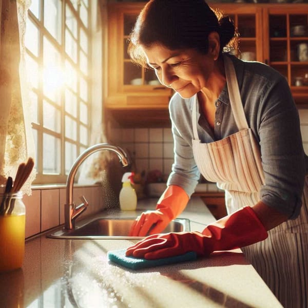 A domestic worker cleans a bright kitchen, highlighting the unseen labor that keeps homes functioning.