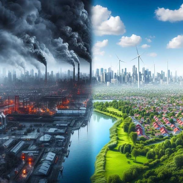 A split image. One side shows a dark, polluted cityscape, the other a clean, green city powered by renewable energy.