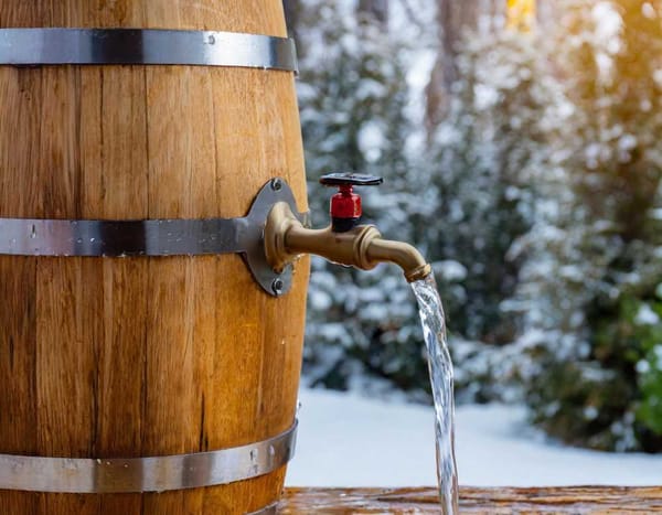 A maple syrup barrel with a spigot attached, showing a thin stream of water.