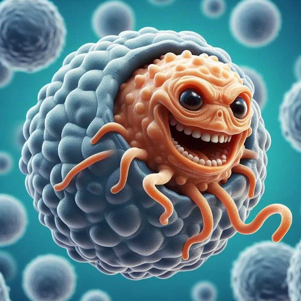 Illustration of a papillomavirus with a mischievous grin, attached to a human cell.