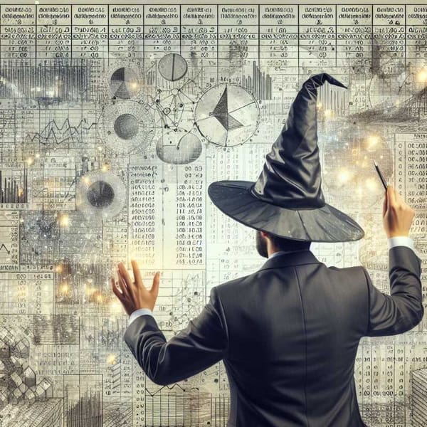 A person in a wizard's hat studies a complex spreadsheet.