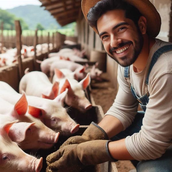 A pig farmer smiles while feeding a small group of pigs in a pen.
