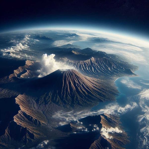 A satellite orbits Earth with a view of a volcanic mountain range.