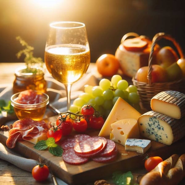 A delicious charcuterie spread featuring cheeses, cured meats, and a glass of sparkling cider.