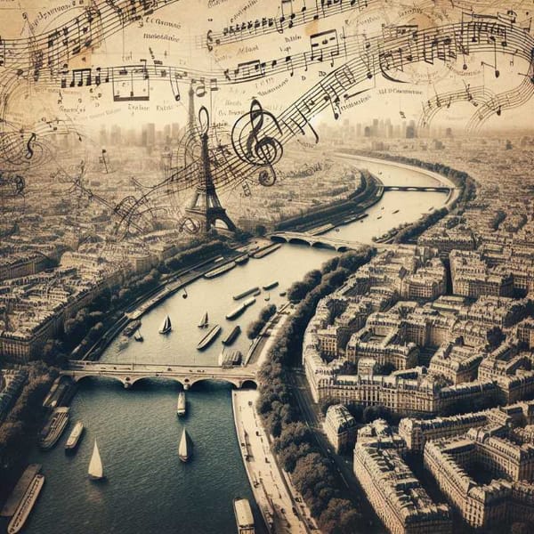 A vintage map of Paris overlaid with musical notes and numbers.