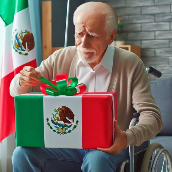 An elderly person unwraps a gift box with a Mexican flag design, symbolizing the hope for a secure retirement.