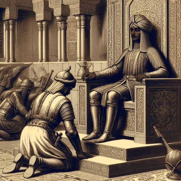 An illustration depicting a Mamluk soldier kneeling before a throne.