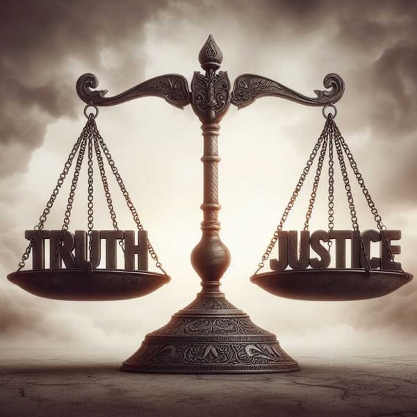 Balancing scale on a tightrope with words "Truth" and "Justice" on each side.