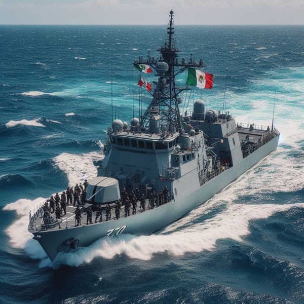 A Mexican Navy ship sails across the blue water, protecting the country's maritime borders.