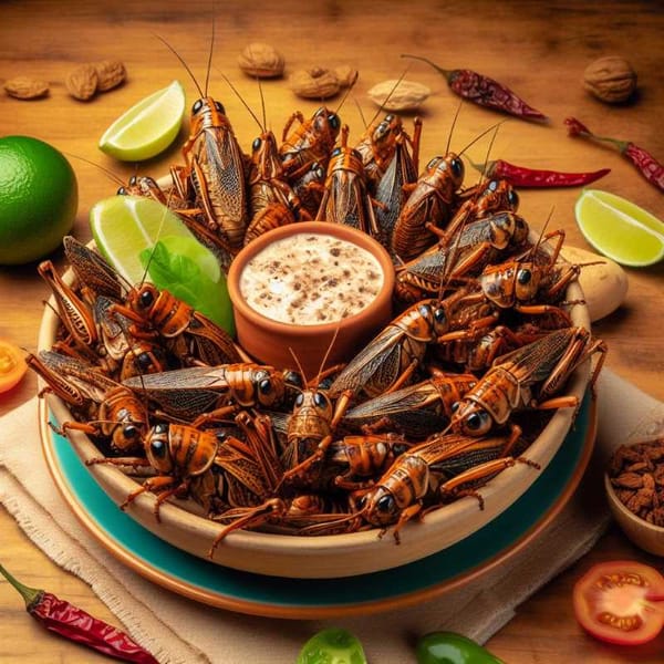 Photo of a traditional Mexican dish with grasshoppers or other insects on a plate.